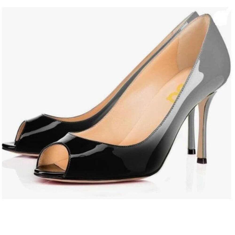FSJ Grey Gradient Flattering Peep Toe Party Dress Shoes Glossy High Heel Pumps